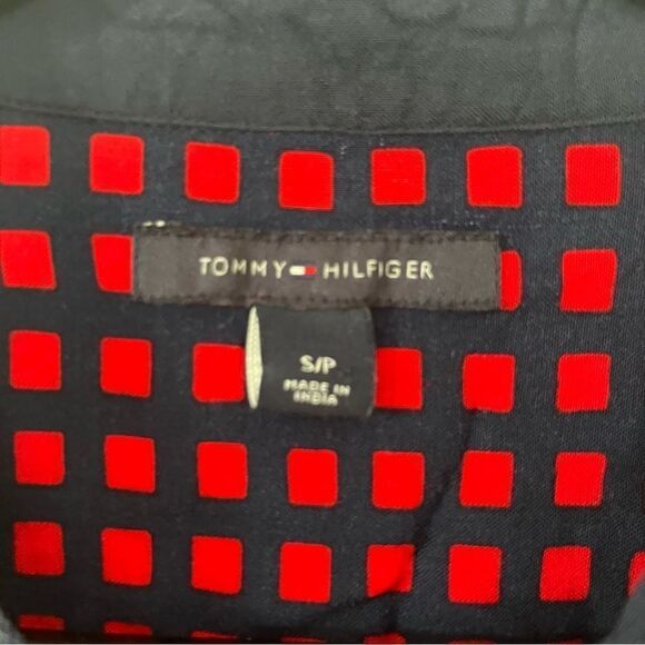 Tommy Hilfiger Red Navy Windowpane Pattern Button Down Cinch Waist Shirt Dress - Picture 4 of 7